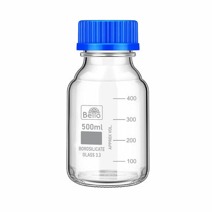 Bello Borosilicate Glass reagent bottle with leak proof Blue Screw Cap for glassware wide mouth Sample bottles for Liquid, lab, laboratory, kitchen and professional use