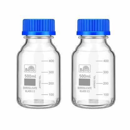 Bello Borosilicate Glass reagent bottle with leak proof Blue Screw Cap for glassware wide mouth Sample bottles for Liquid, lab, laboratory, kitchen and professional use