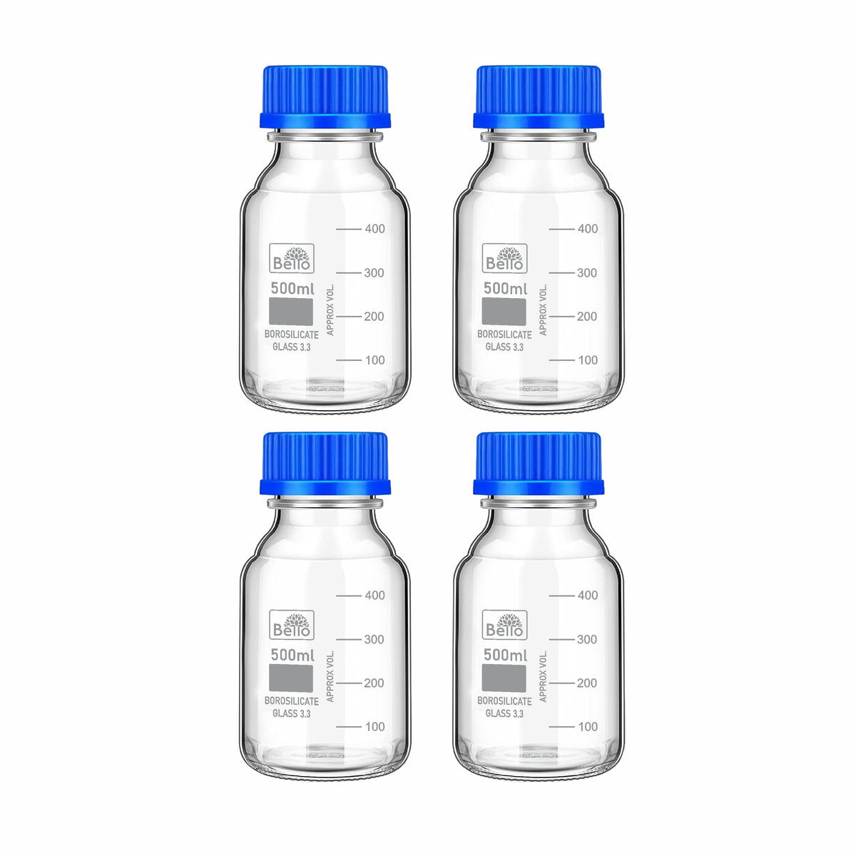Bello Borosilicate Glass reagent bottle with leak proof Blue Screw Cap for glassware wide mouth Sample bottles for Liquid, lab, laboratory, kitchen and professional use