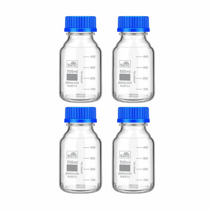 Bello Borosilicate Glass reagent bottle with leak proof Blue Screw Cap for glassware wide mouth Sample bottles for Liquid, lab, laboratory, kitchen and professional use