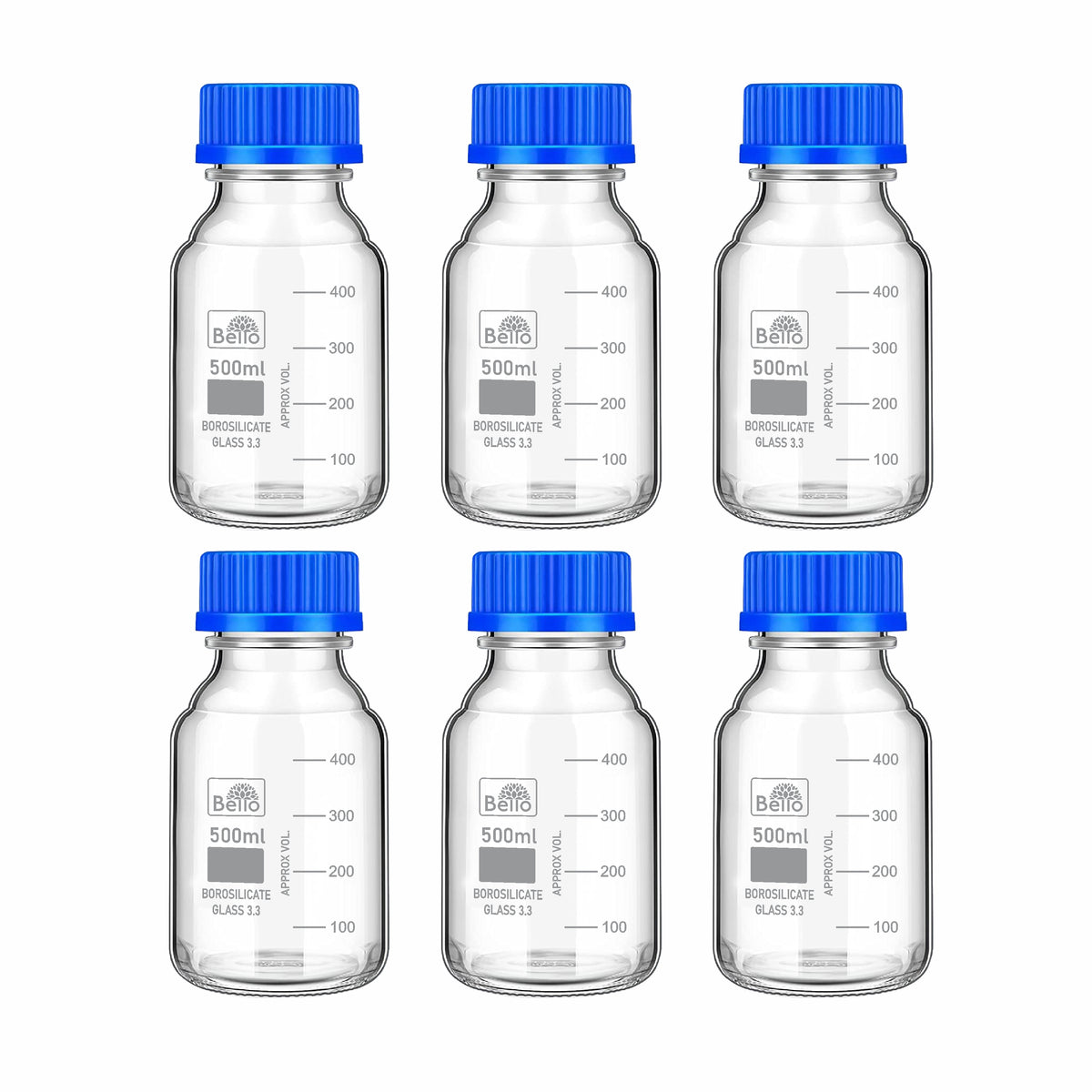 Bello Borosilicate Glass reagent bottle with leak proof Blue Screw Cap for glassware wide mouth Sample bottles for Liquid, lab, laboratory, kitchen and professional use