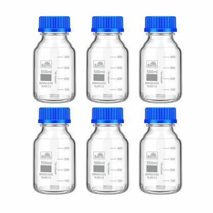 Bello Borosilicate Glass reagent bottle with leak proof Blue Screw Cap for glassware wide mouth Sample bottles for Liquid, lab, laboratory, kitchen and professional use