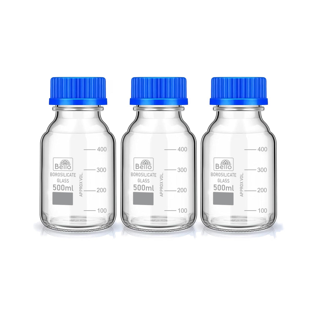 Bello Borosilicate Glass 3.3 Measuring Reagent Bottle 500ml With blue Screw Cap lab, Pack of 3pcs for laboratory and professional use