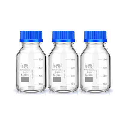 Bello Borosilicate Glass 3.3 Measuring Reagent Bottle 500ml With blue Screw Cap lab, Pack of 3pcs for laboratory and professional use