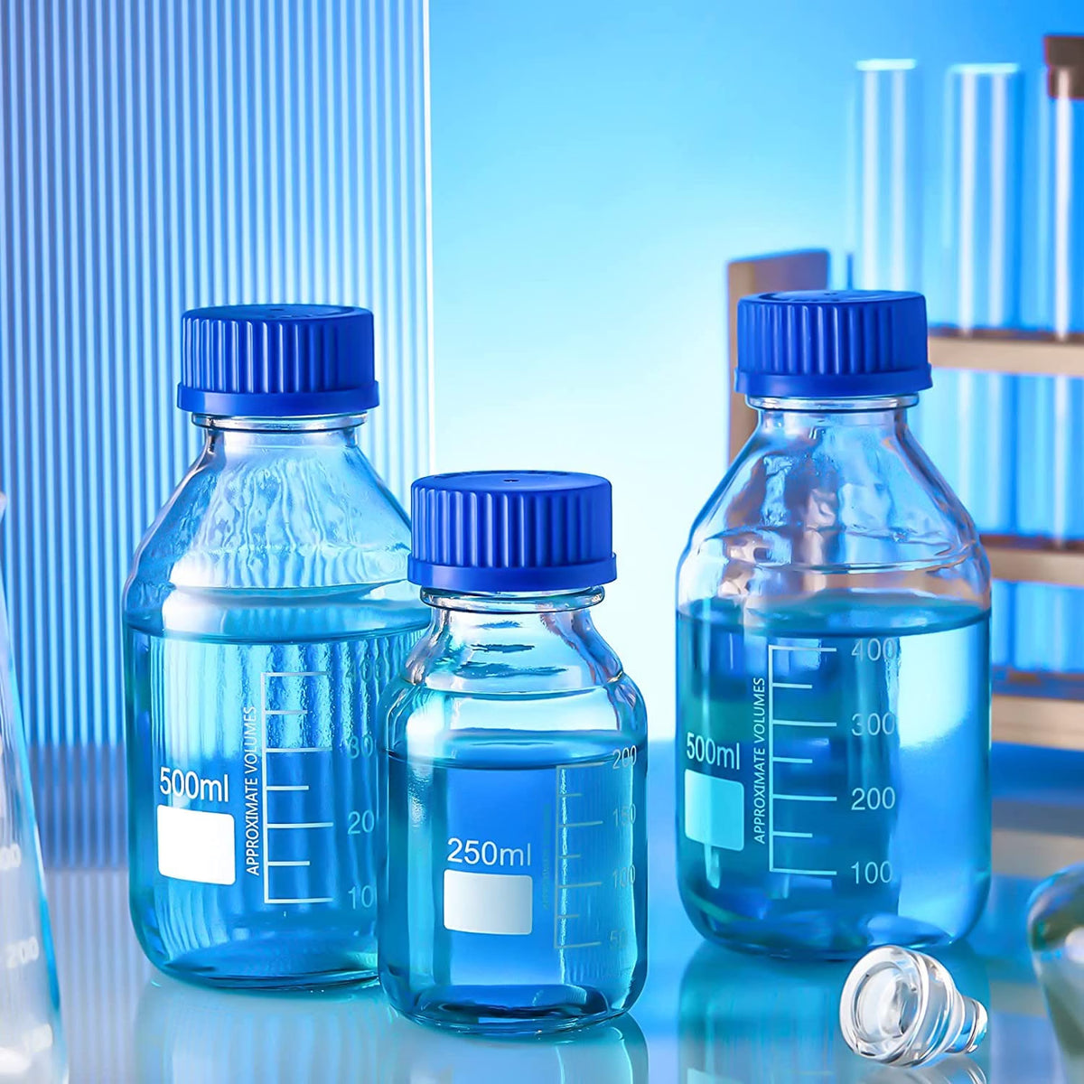Bello Borosilicate Glass 3.3 Measuring Reagent Bottle 500ml With blue Screw Cap lab, Pack of 4 for laboratory and professional use