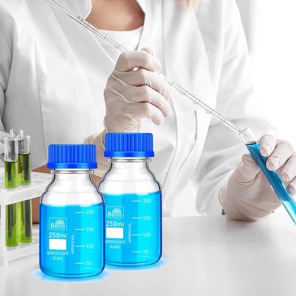 Bello Borosilicate Glass 3.3 Measuring Reagent Bottle 500ml With blue Screw Cap lab, Pack of 4 for laboratory and professional use