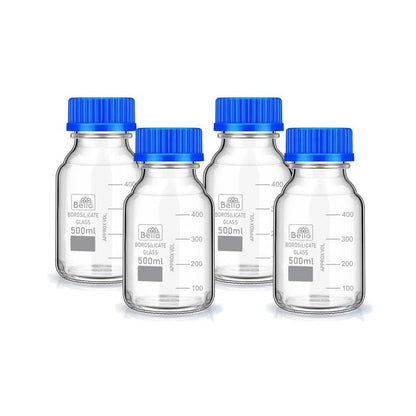 Bello Borosilicate Glass 3.3 Measuring Reagent Bottle 500ml With blue Screw Cap lab, Pack of 4 for laboratory and professional use