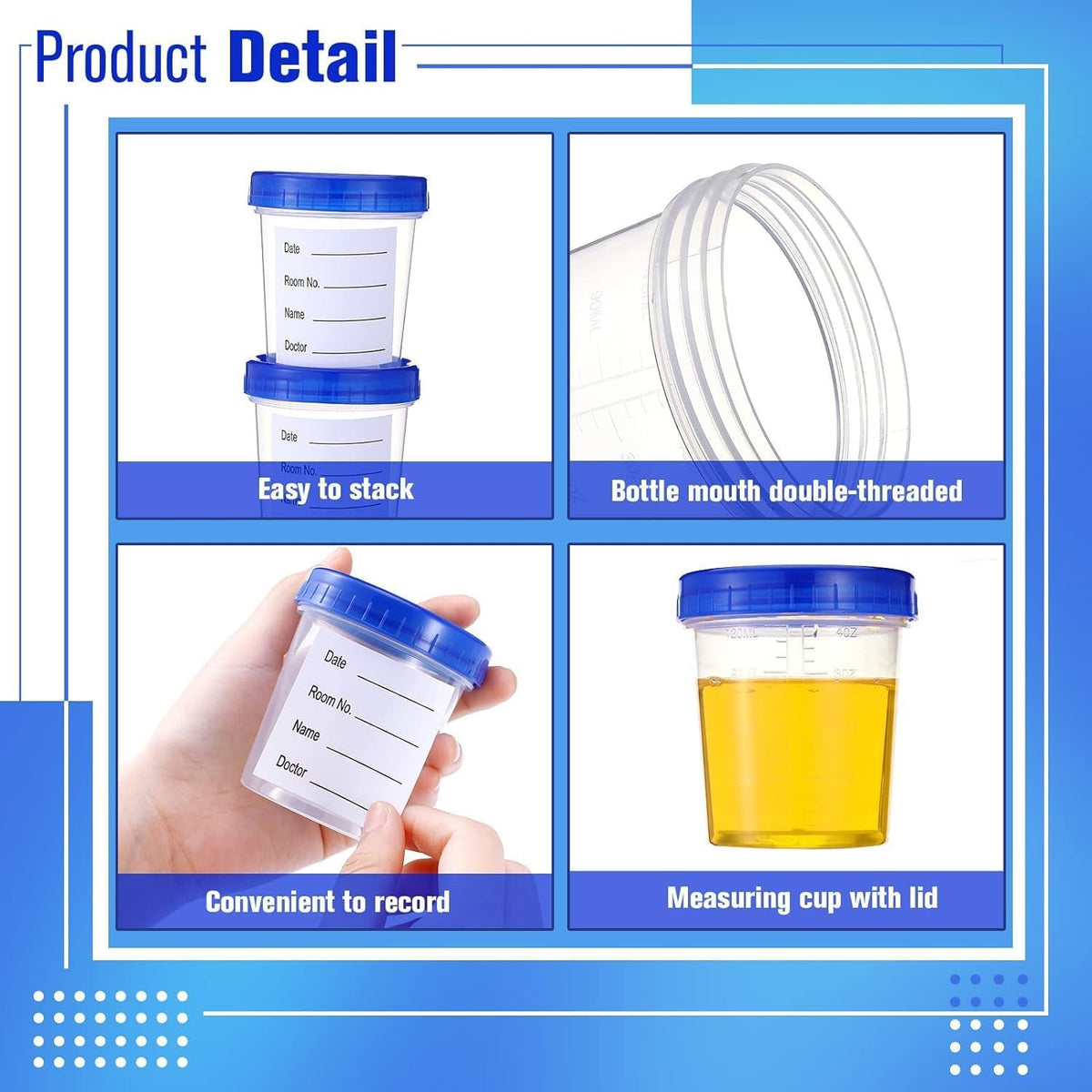 Bello Polypropylene Specimen Collection Container with Leak Proof Lid, Sterile Sample Bottle for Laboratory Testing