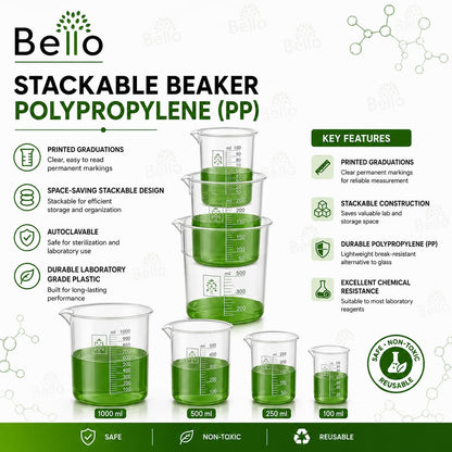 Bello Polypropylene Plastic Beaker 25ml, 50ml, 100ml with Graduation Marks, Set of 3 Beakers for school collage chemistry lab laboratory