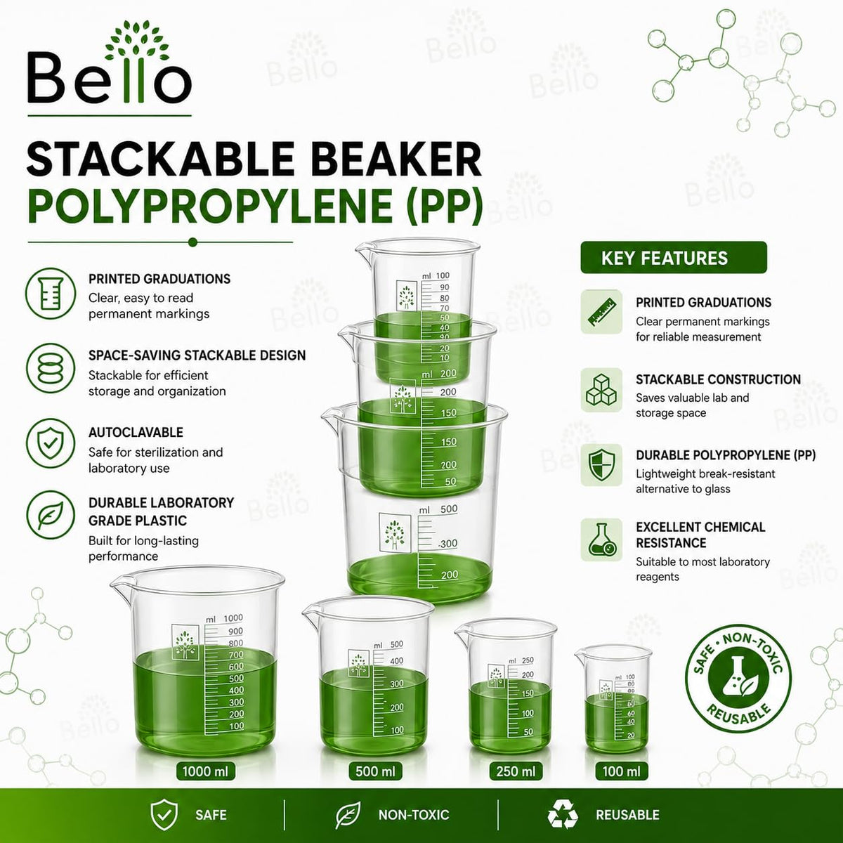 Bello Polypropylene Plastic Beaker 100 ml, 250 ml, 500 ml, 1000 ml with Graduation Marks, Set of 4 Beakers