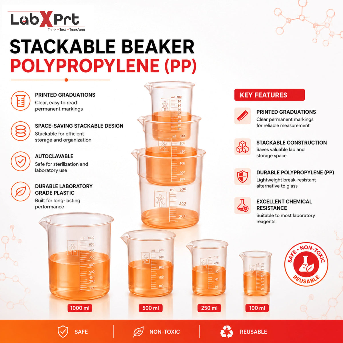 Labxprt Polypropylene Plastic Beaker 50ml, 500ml,1000ml with Graduation Marks, Set of 3 Transparent Reusable for Laboratory, Kitchen, Cooking, Liquid & Solid Measurement | Embossed Scale