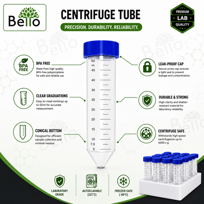 Bello Centrifuge Tube Conical Bottom  with Screw Caps,  Polypropylene Conical Container Microcentrifuge Tube with Graduated Marks For Lab Laboratory