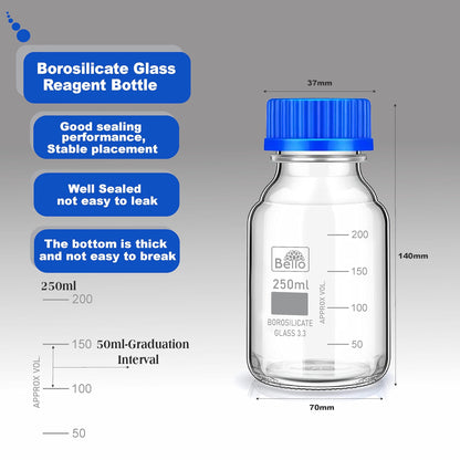 Bello Scientific Borosilicate 3.3 Glass Reagent Bottle 50ml,100ml & 250ml 2pcs with leak proof Blue Screw Cap pack of 6 for glassware wide mouth bottles for, laboratory
