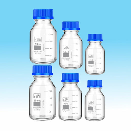 Bello Scientific Borosilicate 3.3 Glass Reagent Bottle 50ml,100ml & 250ml 2pcs with leak proof Blue Screw Cap pack of 6 for glassware wide mouth bottles for, laboratory