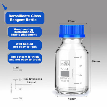 Bello Scientific Borosilicate 3.3 Glass Reagent Bottle 50ml,100ml & 250ml 2pcs with leak proof Blue Screw Cap pack of 6 for glassware wide mouth bottles for, laboratory