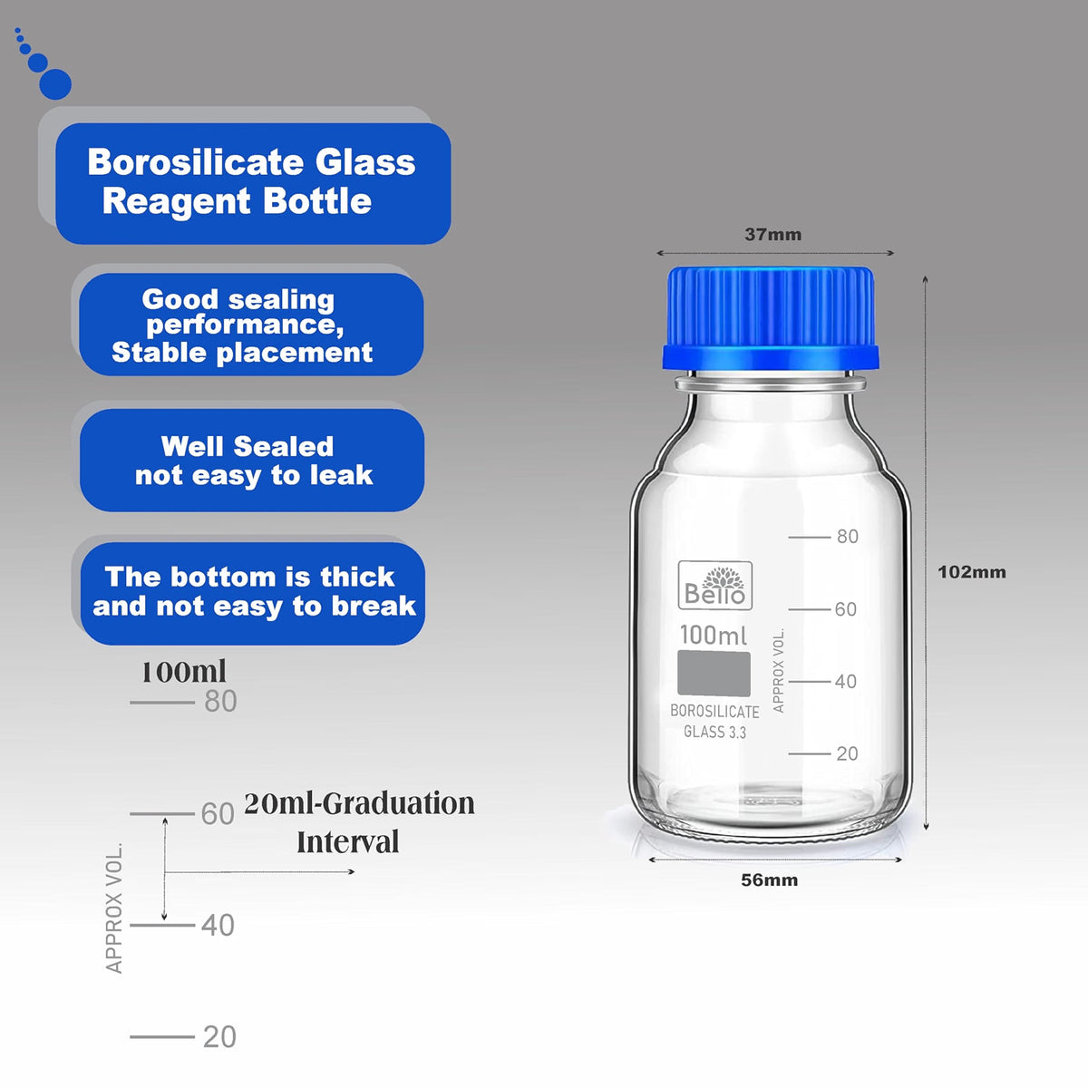 Bello Scientific Borosilicate 3.3 Glass Reagent Bottle 50ml,100ml & 250ml 2pcs with leak proof Blue Screw Cap pack of 6 for glassware wide mouth bottles for, laboratory