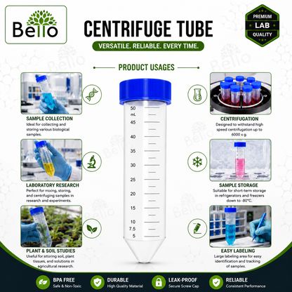 Bello Centrifuge Tube Conical Bottom  with Screw Caps,  Polypropylene Conical Container Microcentrifuge Tube with Graduated Marks For Lab Laboratory