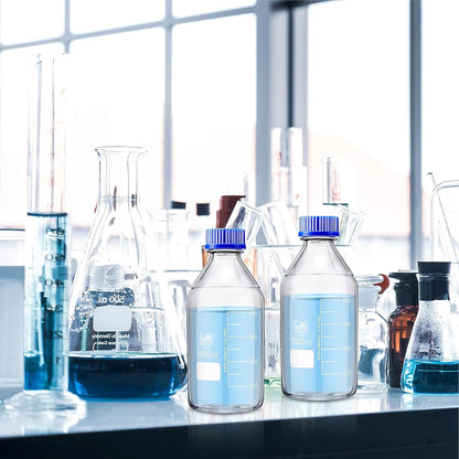 Bello Borosilicate Glass reagent bottle 1000ml & 500ml with leak proof Blue Screw Cap pack of 2 for glassware wide mouth bottles for perfume making cosmetics lab, laboratory, kitchenuse