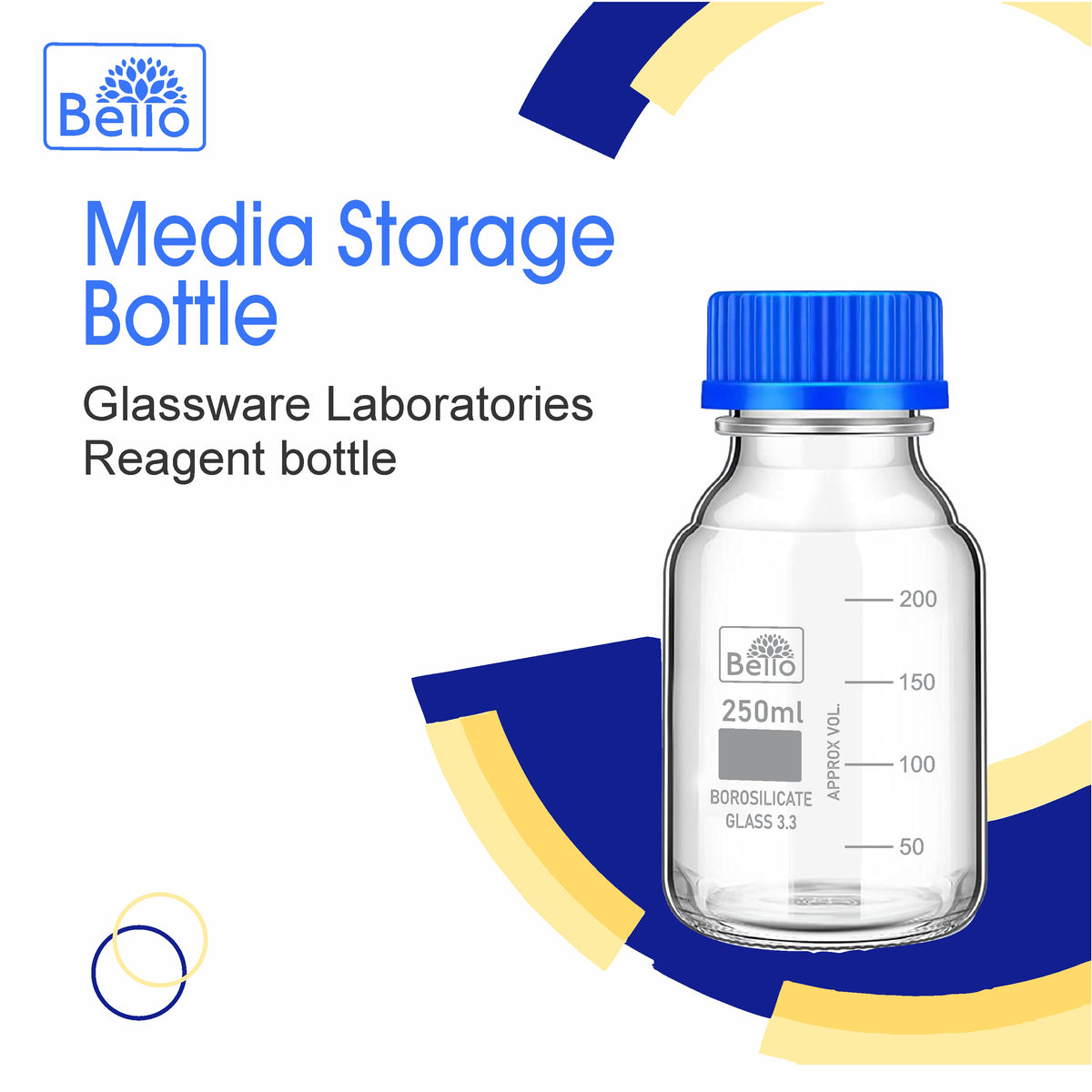 Bello Borosilicate Glass reagent bottle with leak proof Blue Screw Cap for glassware wide mouth Sample bottles for Liquid, lab, laboratory, kitchen and professional use