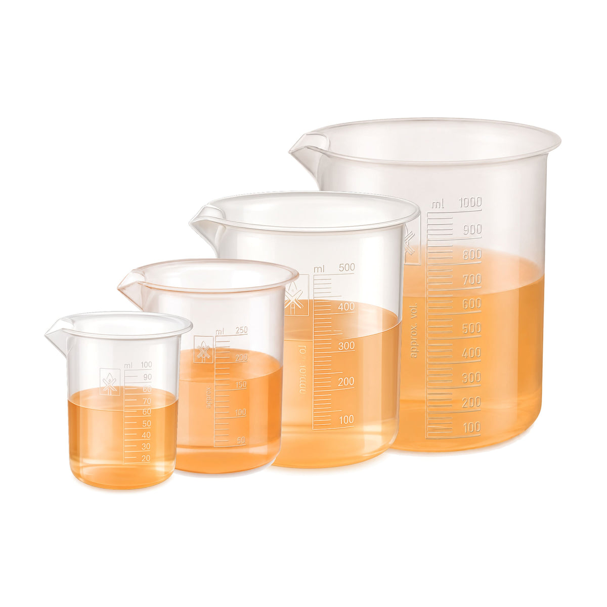 Labxprt Polypropylene Plastic Beaker 100ml, 250ml, 500ml,1000ml with Graduation Marks, Set of 4 Transparent Reusable for Laboratory, Kitchen, Cooking, Liquid & Solid Measurement | Embossed Scale