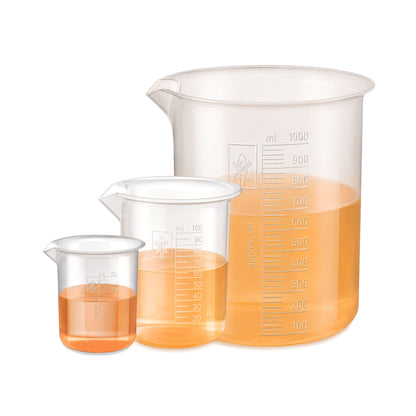 Labxprt Polypropylene Plastic Beaker 25ml, 100ml, 1000ml with Graduation Marks, Set of 3 Transparent Reusable for Laboratory, Kitchen, Cooking, Liquid & Solid Measurement | Embossed Scale