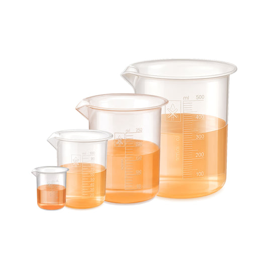 Labxprt Polypropylene Plastic Beaker 25ml, 100ml, 250ml, 500ml with Graduation Marks, Set of 4 Transparent Reusable for Laboratory, Kitchen, Cooking, Liquid & Solid Measurement | Embossed Scale