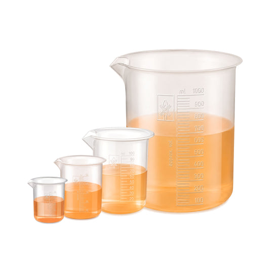 Labxprt Polypropylene Plastic Beaker 25ml, 50ml, 100ml, 1000ml with Graduation Marks, Set of 4 Transparent Reusable for Laboratory, Kitchen, Cooking, Liquid & Solid Measurement | Embossed Scale