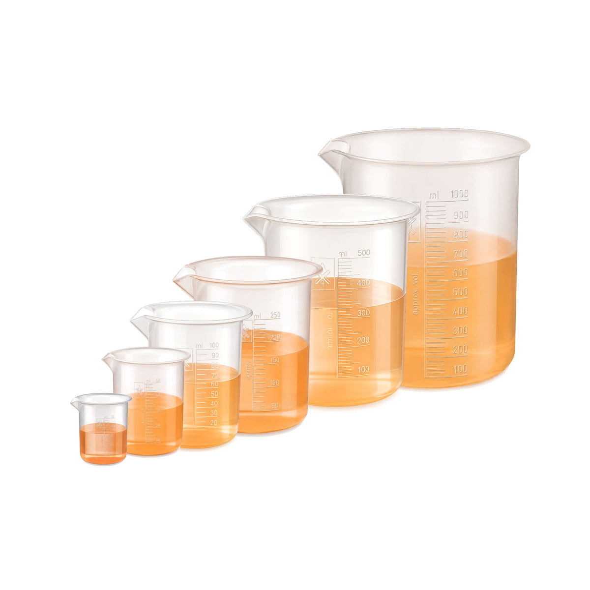 Labxprt Polypropylene Plastic Beaker 25ml, 50ml, 100ml, 250ml, 500ml, 1000ml with Graduation Marks, Set of 6 Transparent Reusable for Laboratory, Kitchen, Liquid & Solid Measurement |Embossed Scale