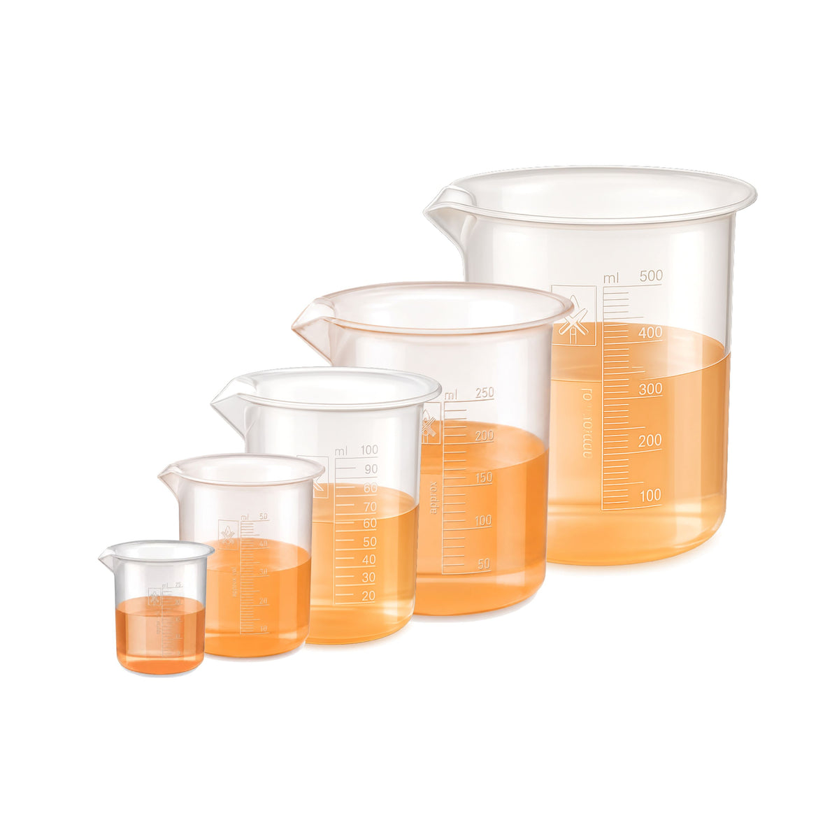 Labxprt Polypropylene Plastic Beaker 25ml, 50ml, 100ml, 250ml, 500ml with Graduation Marks, Set of 5 Transparent Reusable for Laboratory, Kitchen, Cooking, Liquid & Solid Measurement | Embossed Scale