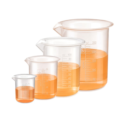 Labxprt Polypropylene Plastic Beaker 25ml, 50ml, 100ml, 250ml with Graduation Marks, Set of 4 Transparent Reusable for Laboratory, Kitchen, Cooking, Liquid & Solid Measurement | Embossed Scale