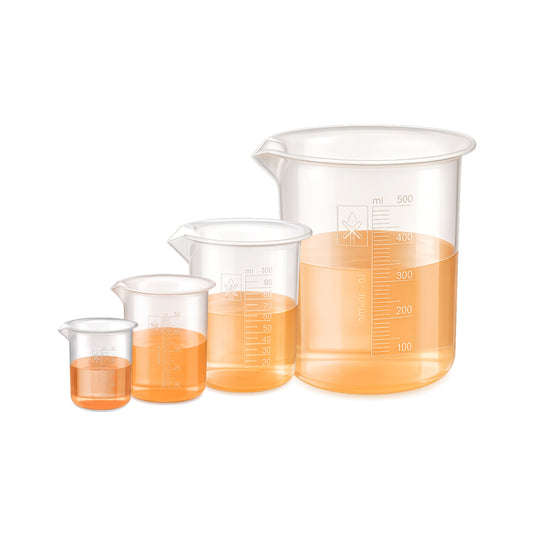 Labxprt Polypropylene Plastic Beaker 25ml, 50ml, 100ml, 500ml with Graduation Marks, Set of 4 Transparent Reusable for Laboratory, Kitchen, Cooking, Liquid & Solid Measurement | Embossed Scale