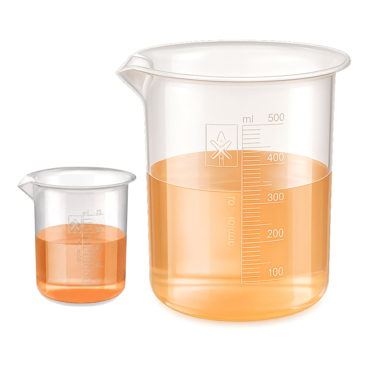 Labxprt Polypropylene Plastic Beaker 25ml, 500ml with Graduation Marks, Set of 2 Transparent Reusable for Laboratory, Kitchen, Cooking, Liquid & Solid Measurement | Embossed Scale