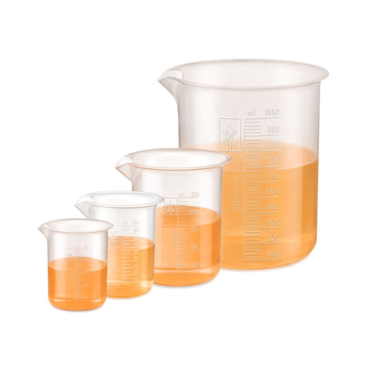 Labxprt Polypropylene Plastic Beaker 50ml, 100ml, 250ml, 1000ml with Graduation Marks, Set of 4 Transparent Reusable for Laboratory, Kitchen, Cooking, Liquid & Solid Measurement | Embossed Scale
