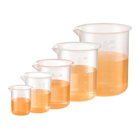 Labxprt Polypropylene Plastic Beaker 50ml, 100ml, 250ml, 500ml,1000ml with Graduation Marks, Set of 5 Transparent Reusable for Laboratory, Kitchen, Cooking, Liquid & Solid Measurement | Embossed Scale