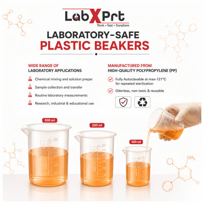 Labxprt Polypropylene Measuring Beaker | Transparent Reusable Plastic Measuring Cup for Laboratory, Liquid & Solid Measurement | Embossed Scale