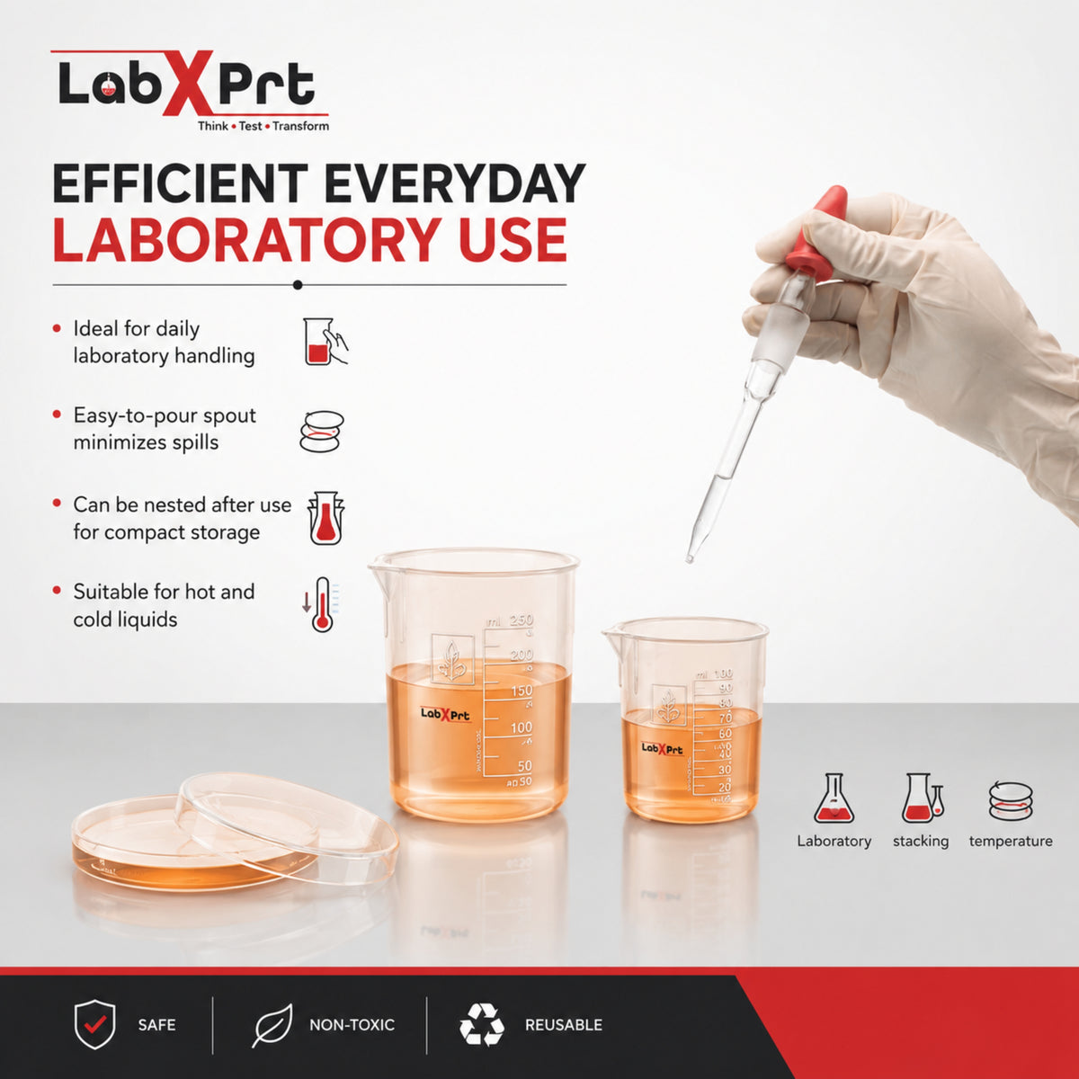 Labxprt Polypropylene Measuring Beaker | Transparent Reusable Plastic Measuring Cup for Laboratory, Liquid & Solid Measurement | Embossed Scale