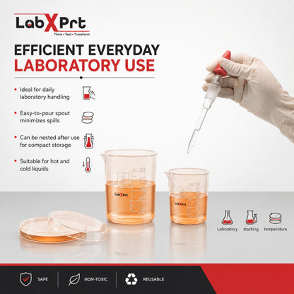 Labxprt Polypropylene Measuring Beaker | Transparent Reusable Plastic Measuring Cup for Laboratory, Liquid & Solid Measurement | Embossed Scale