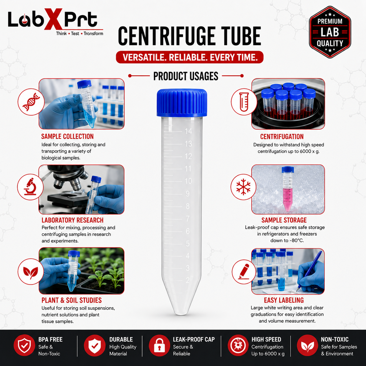 Labxprt Centrifuge Tube Conical Bottom with Screw Caps, Polypropylene Container Microcentrifuge Tube with Graduated Marks For Lab Laboratory