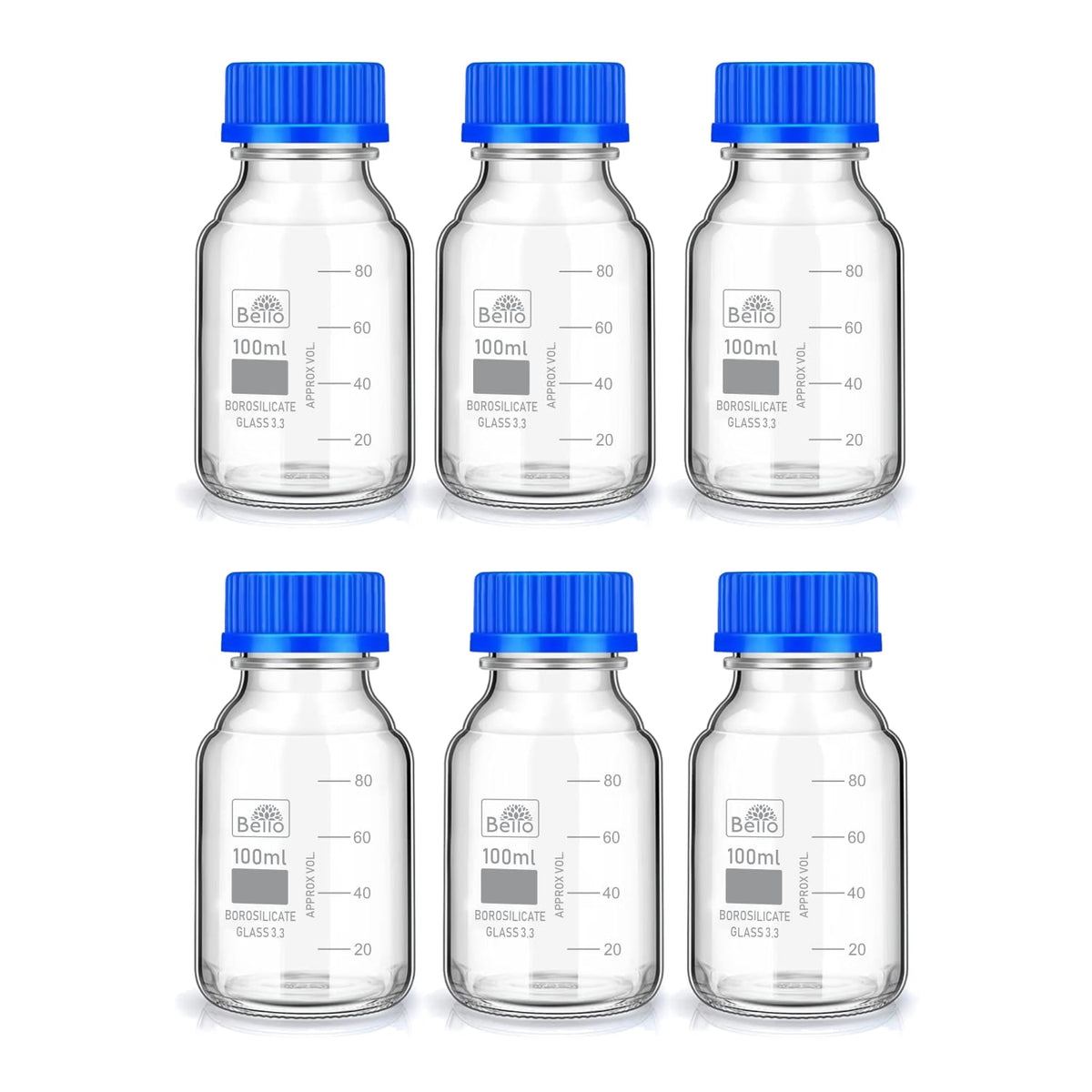 Bello Borosilicate Glass reagent bottle 100ml with leak proof Blue Screw Cap pack of 6pcs for glassware wide mouth sample bottles for lab, laboratory, kitchen and professional use