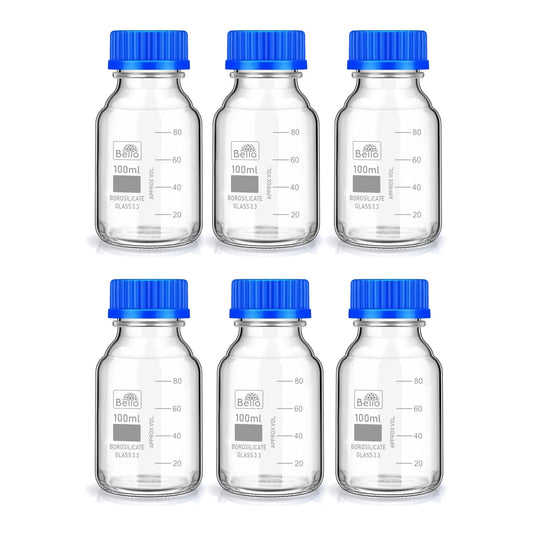 Bello Borosilicate Glass reagent bottle 100ml with leak proof Blue Screw Cap pack of 6pcs for glassware wide mouth sample bottles for lab, laboratory, kitchen and professional use
