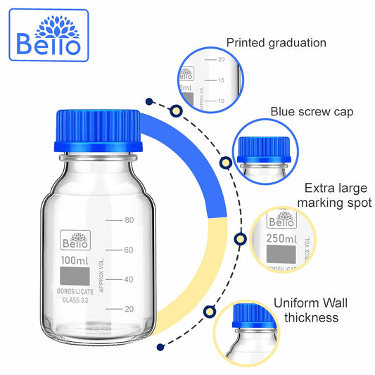 Bello Borosilicate Glass reagent bottle 100ml with leak proof Blue Screw Cap pack of 6pcs for glassware wide mouth sample bottles for lab, laboratory, kitchen and professional use