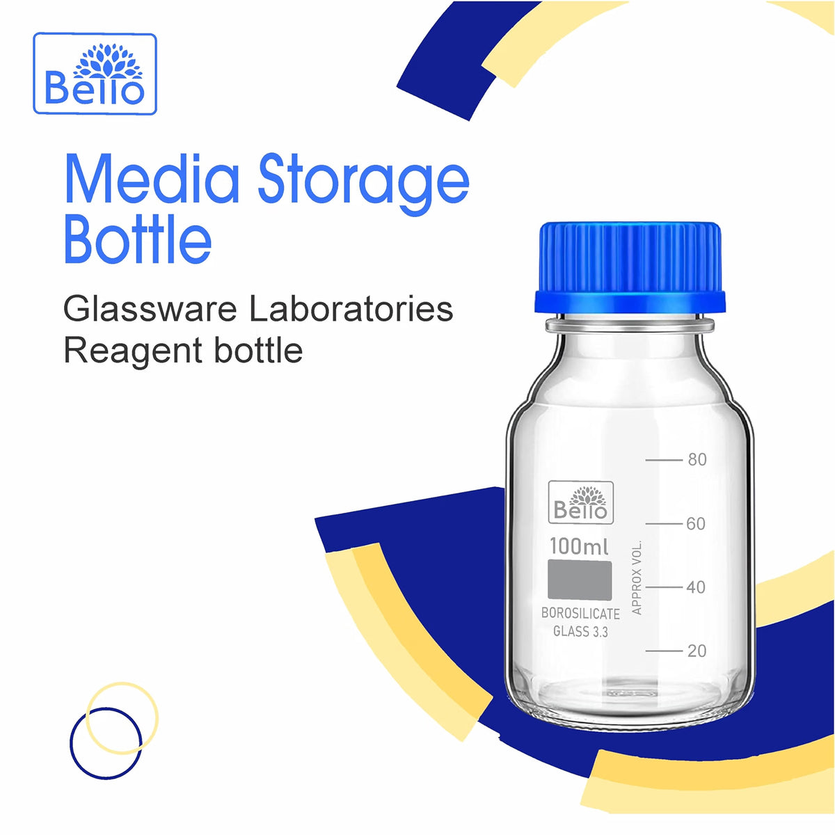 Bello Borosilicate Glass reagent bottle 100ml with leak proof Blue Screw Cap pack of 6pcs for glassware wide mouth sample bottles for lab, laboratory, kitchen and professional use