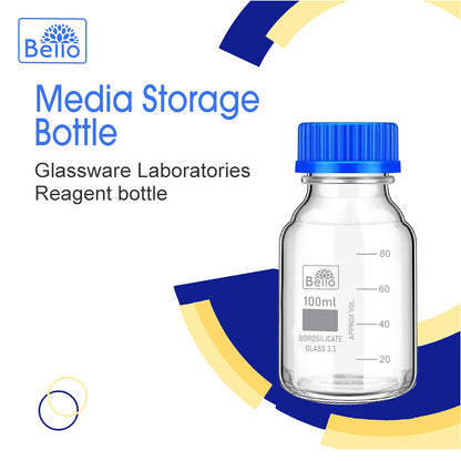 Bello Borosilicate Glass reagent bottle 100ml with leak proof Blue Screw Cap pack of 6pcs for glassware wide mouth sample bottles for lab, laboratory, kitchen and professional use