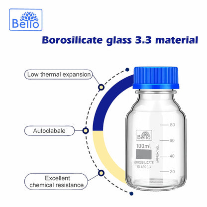 Bello Borosilicate Glass reagent bottle 100ml with leak proof Blue Screw Cap pack of 6pcs for glassware wide mouth sample bottles for lab, laboratory, kitchen and professional use