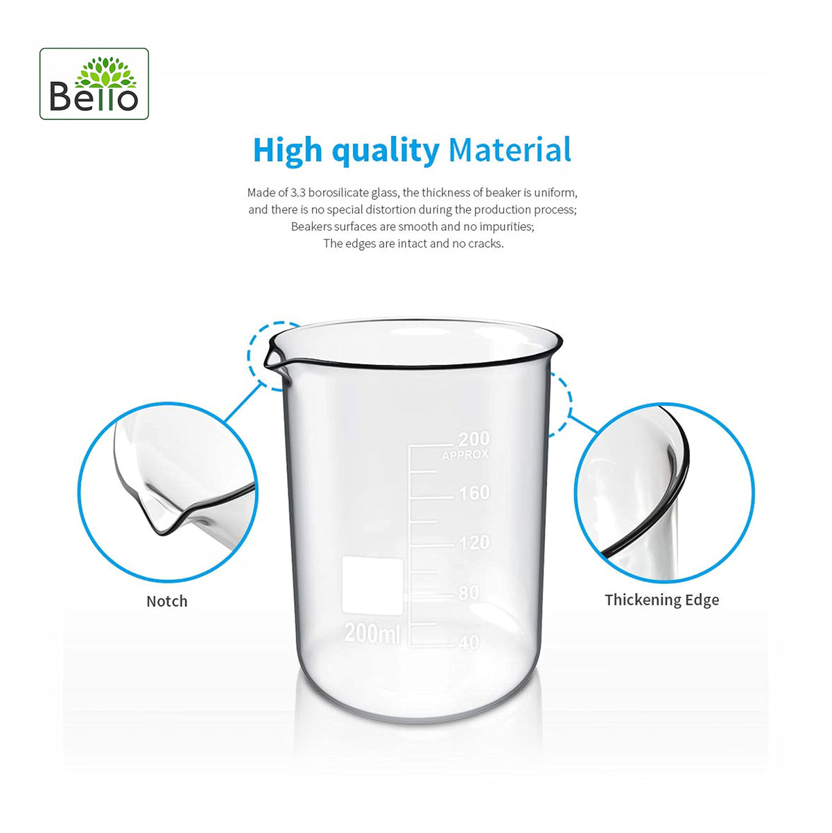 Bello Borosilicate 3.3 Glass Beaker 50ml, 100ml, 250ml With Stirring Rod 200mmX6mm 3pcs Pack of 6 For School College Lab Laboratory Etc