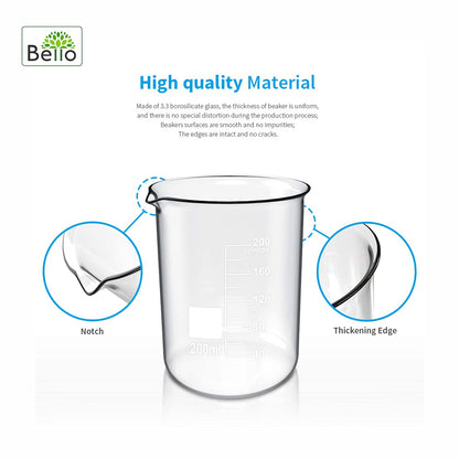 Bello Borosilicate 3.3 Glass Beaker 50ml, 100ml, 250ml With Stirring Rod 200mmX6mm 3pcs Pack of 6 For School College Lab Laboratory Etc