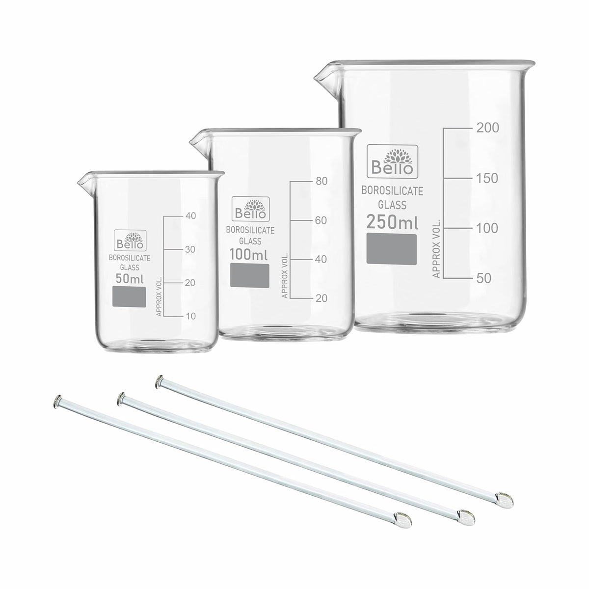 Bello Borosilicate 3.3 Glass Beaker 50ml, 100ml, 250ml With Stirring Rod 200mmX6mm 3pcs Pack of 6 For School College Lab Laboratory Etc