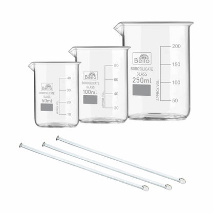 Bello Borosilicate 3.3 Glass Beaker 50ml, 100ml, 250ml With Stirring Rod 200mmX6mm 3pcs Pack of 6 For School College Lab Laboratory Etc