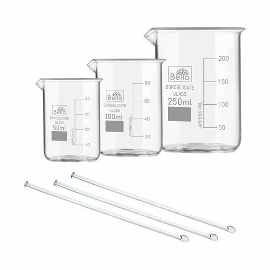 Bello Borosilicate 3.3 Glass Beaker 50ml, 100ml, 250ml With Stirring Rod 200mmX6mm 3pcs Pack of 6 For School College Lab Laboratory Etc
